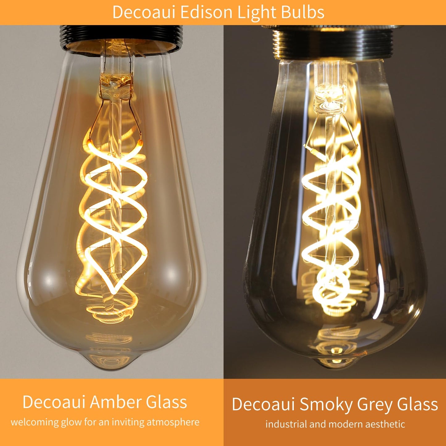Decoaui E26 ST64 Vintage Edison Light Bulbs, Smoky Grey Coated Glass, Dimmable, 4W(20W Equivalent) 150 Lumens, 2700K Soft White, Spiral Filaments Design, Antique Style, 25000 Hrs, 6-Pack