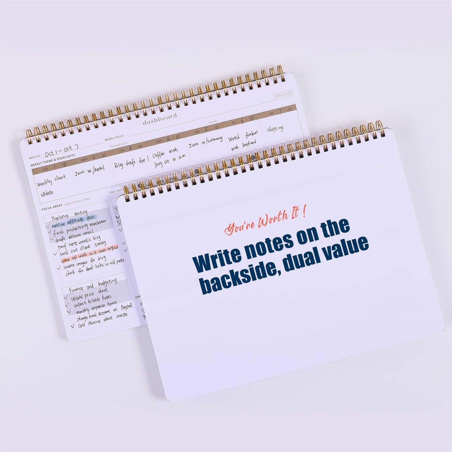 ZERONE CENTRE Productivity Weekly Planner - 54 Sheets Dashboard Spiral Deskpad Has 6 Focus Areas to List Tasks for Goals, Projects, Clients, Academic, or Shopping-Organize Your Daily Work Efficiently