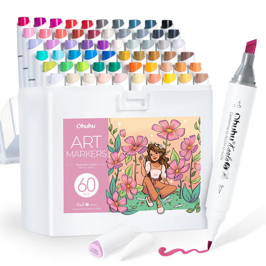 Ohuhu Alcohol Markers: Mini Brush & Slim Broad 60 Illustration Colors Dual Tip Brush Tip Alcohol-based Art Marker for Artists Adults Coloring Illustration- Refillable - Kaala B Series of Ohuhu Markers