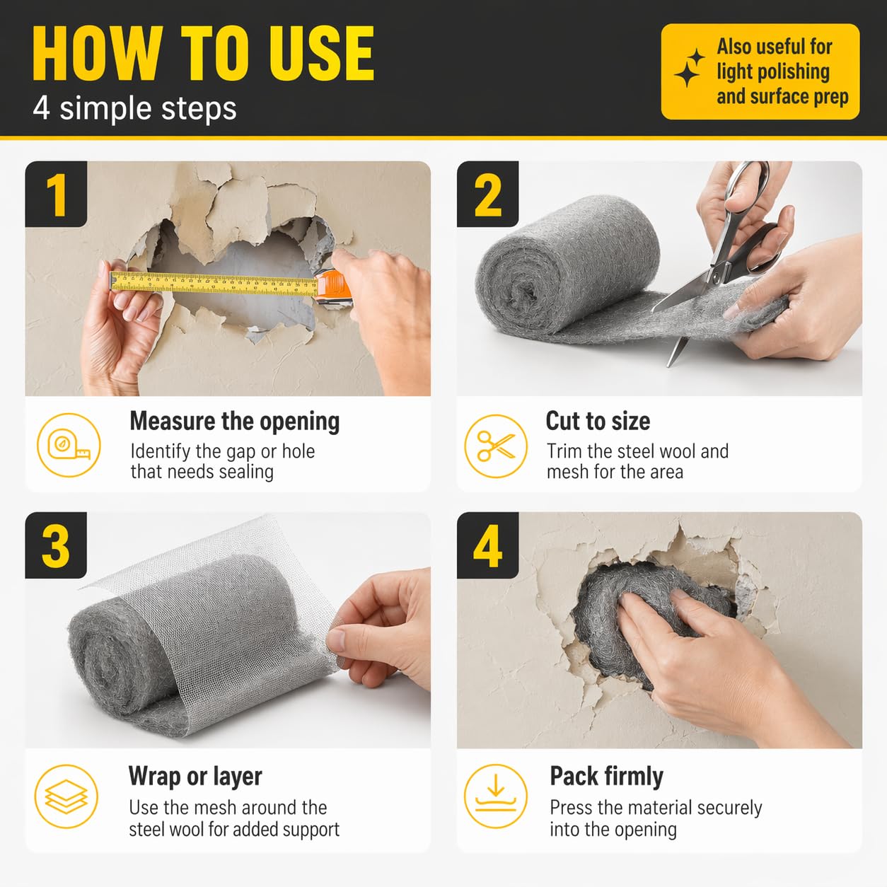 WizCave Steel Wool Bulk - 5 Pack 2.75 in x 11.5 Ft Steel Wools & 2 Pack 5 in x 15 Ft Stainless Wire Mesh, Mouse Hole Filler for House & Garden, Fine SteelWool for Polishing Chrome, Glass