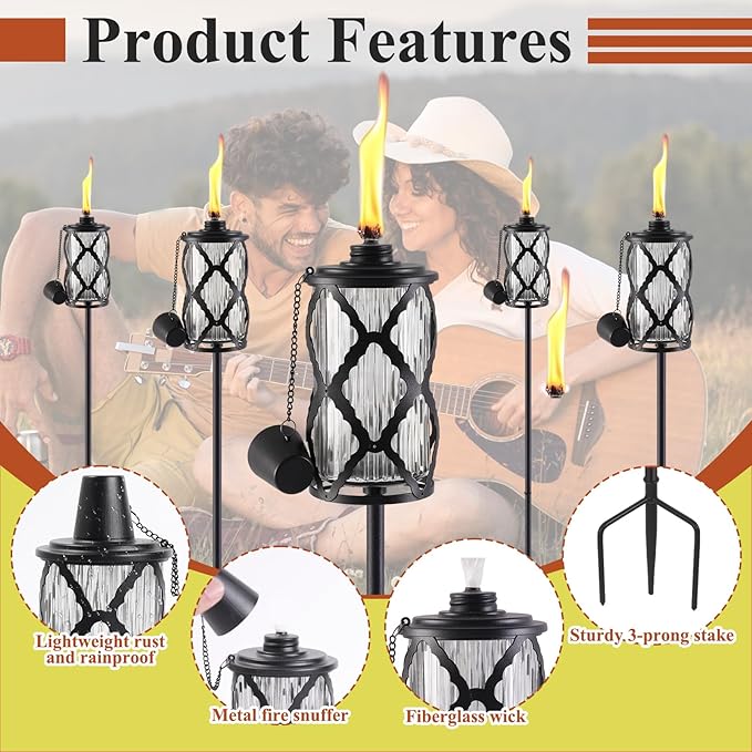 4 Pack Glass Citronella Torches, 16 oz Garden Torches for Outside, 55 inch Outdoor Clear Glass Citronella Torches with 3-Prong Grounded Stake for Garden, Patio, Party, Landscape Decor