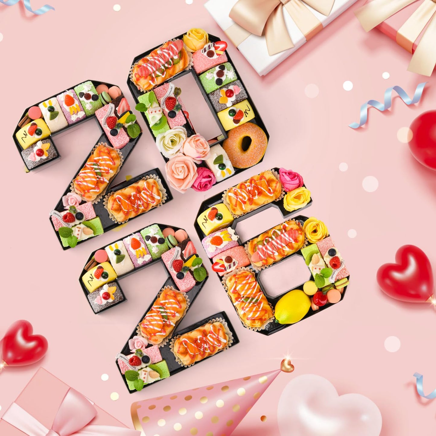 Datyiiha 2026 Set Cardboard Number for Charcuterie 10.2'' Black Fillable Tray Charcuterie Paper Box for Graduation Anniversary Birthday New Year Party Decorations Chocolate Cookies Goodie Cupcake Box
