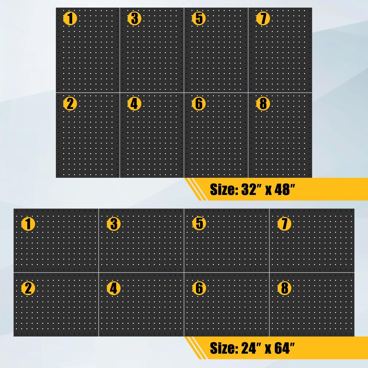 PBHEPJ 8 Pcs Metal Pegboard Panels, Heavy Duty Peg Boards for Garage and Garden Tool Storage, Includes Drywall Anchors and Screws Kits, Black (8 pcs 16in x 12in)