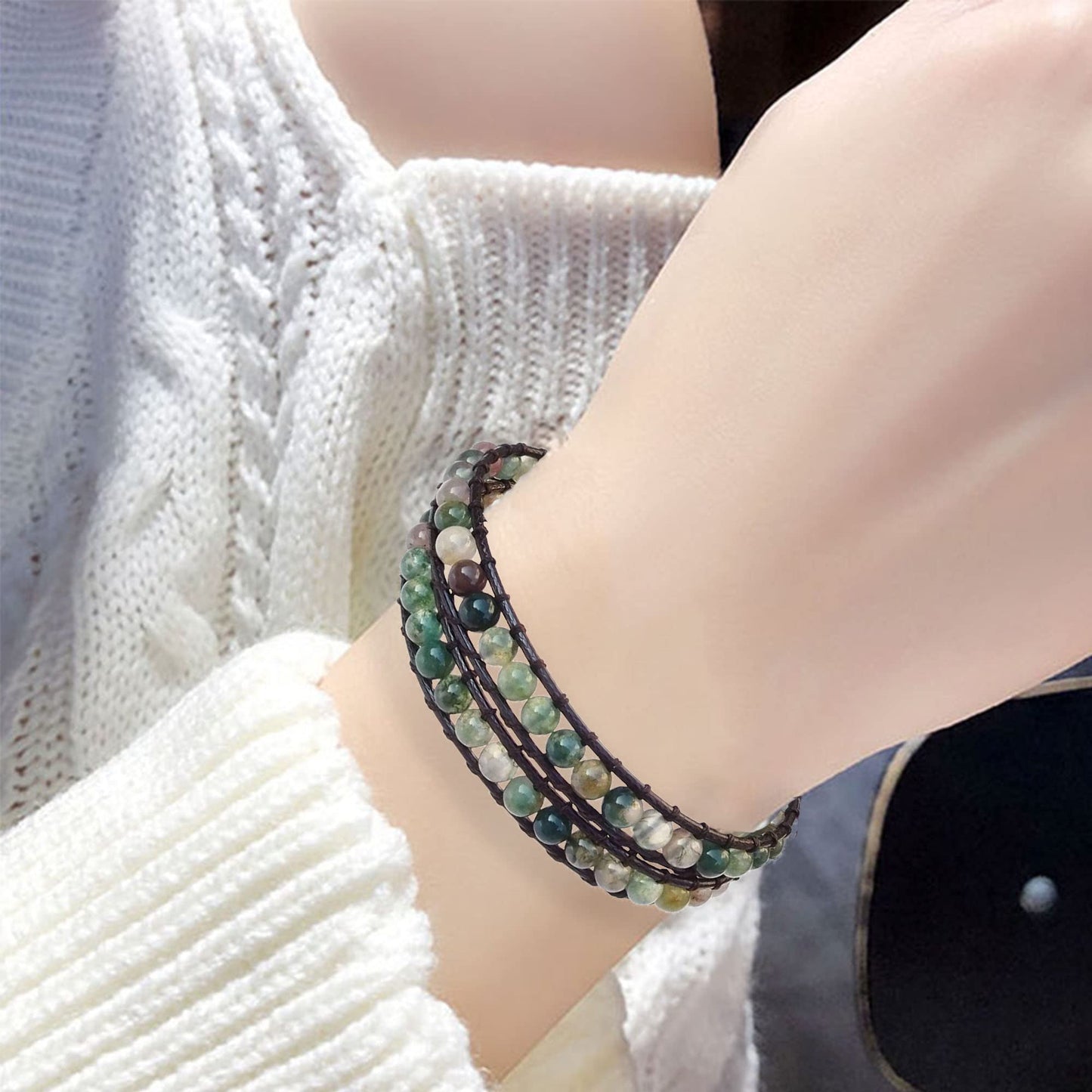 Ayriwoyi Moss Agate Wrap Bracelet for Women Indian Bracelets Leather Wrap Bracelets for Women Women’s Wrap Bracelet Handmade Jewelry Gifts for Women