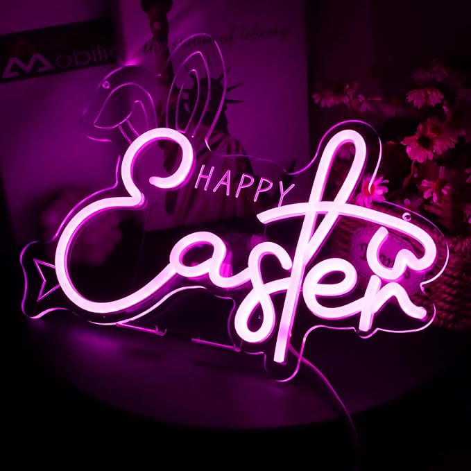 Happy Easter Neon Sign Bunny Neon Light Sign Dimmable LED Signs for Wall Light Up Sign Decoration Easter Rabbit Bunny Neon Wall Sign Decor Gift