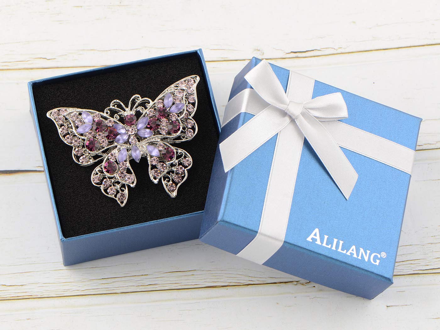 ALILANG Silvery Tone Crystal Rhinestone Hollow Out Butterfly Brooch Pin, Purple