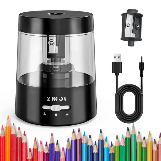 ZMOL Electric Pencil Sharpener for Kids - 3 Modes, Battery Powered & USB, Tungsten Steel, Fast Sharpening for Colored Pencil No.2, Classroom Office Home, 6-8mm, Black