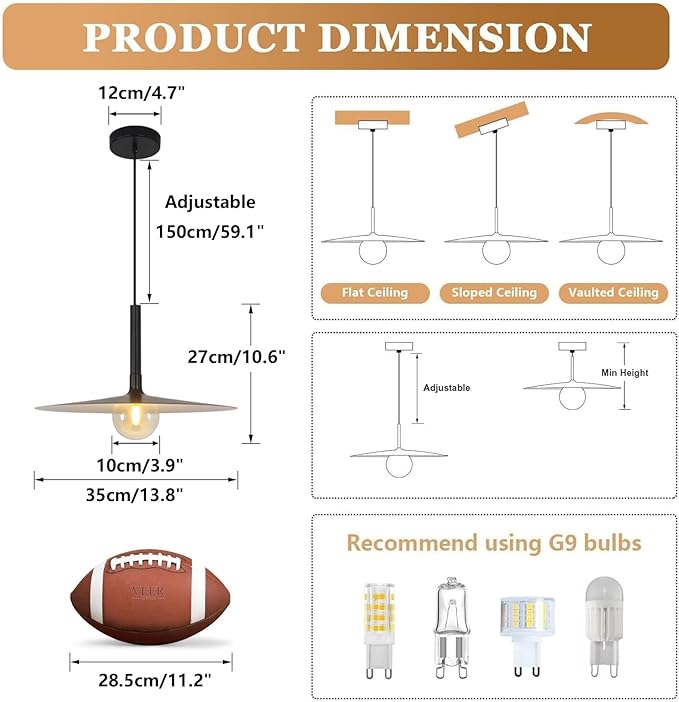 KCO Lighting Black Barn Pendant Light Large Dome Pendant Light Mid Century Modern Hanging Light Amber Glass Hanging Lamp Farmhouse Industrial Pendant Lighting