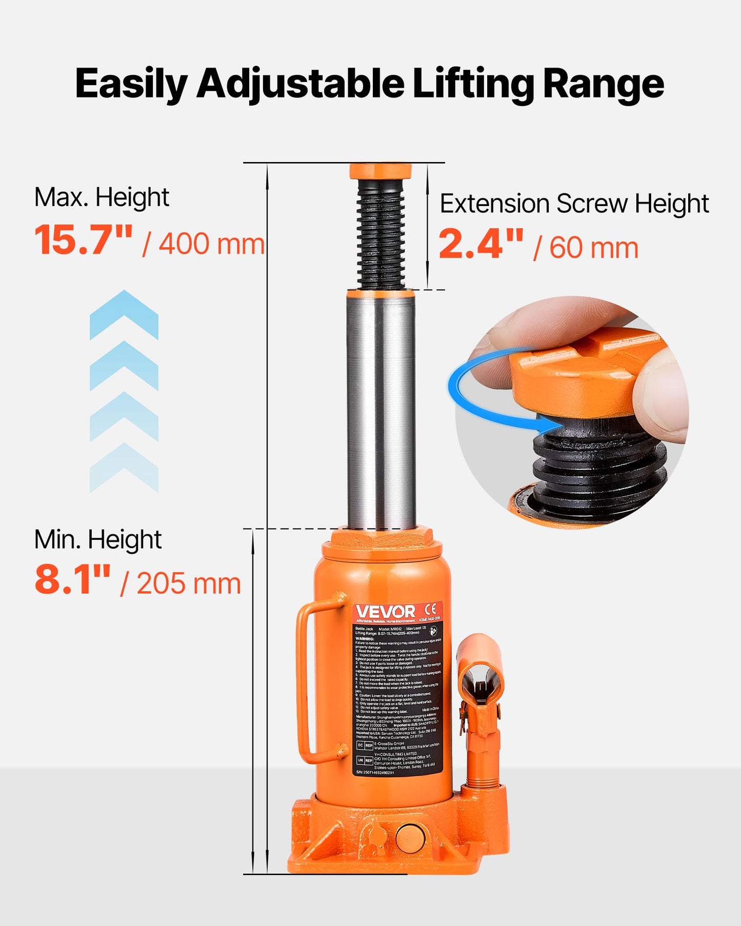 VEVOR Hydraulic Bottle Jack, 12 Ton/24000 lbs All Welded Car Hydraulic Jack, Features 7.5-14 in Lifting Range & 3-Section Long Handle, for Pickup Truck, Truck, RV, Auto Repair Industrial Engineering