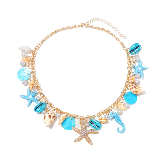 Shell Starfish Necklace for Women Conch Shell Starfish Pearl Necklace Seahorse Necklace Bohemian Chunky Choker Necklace Sea Shell Pearl Choker Collar Neck Mermaid Costume Jewelry Beach Jewelry (Blue)