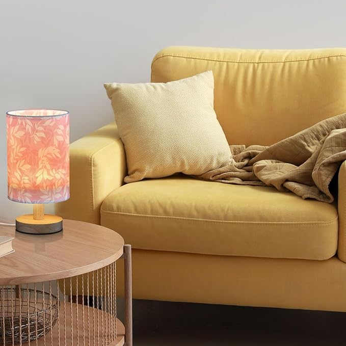Fustylead Light Pink and White Leaves Bedside Table Lamps with USB Port for Bedroom Lamp Accent Table Lamp Small Nightstand Lamp Sturdy Linen Shade Wooden Decorative Lamps for Kids|Reading|Dorm|Home