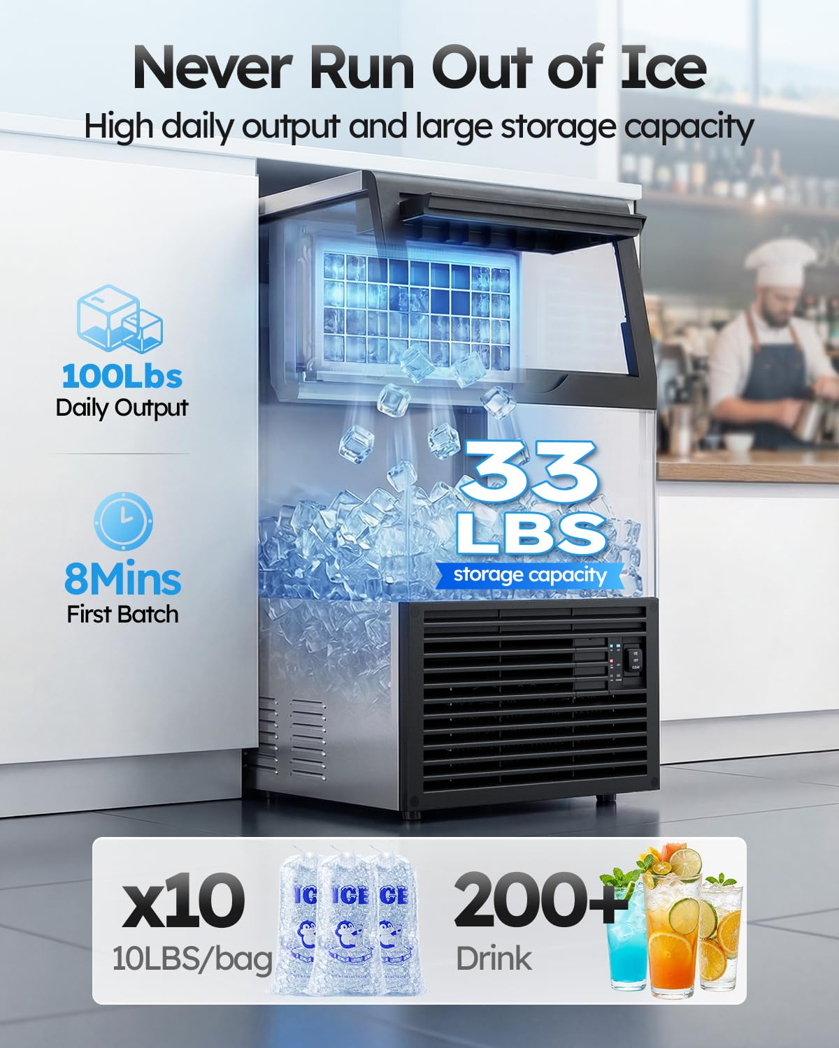 Mojgar Commercial Ice Maker Machine, 100lbs/24H with 33lbs Ice Storage Under Counter Ice Machine, Stainless Steel Built-in Freestanding Ice Maker Self-Cleaning for Home Bar