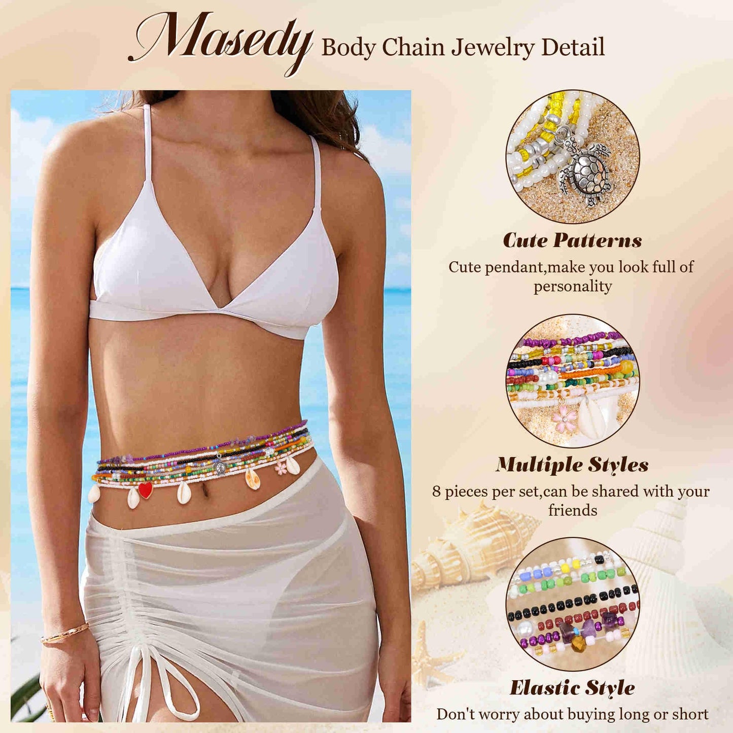 Masedy 8PCS African Waist Bead Chains for Women Layered Belly Body Chain Handmade Plus Size Beaded Belly Chain Colorful Elastic Flower Butterfly Body Chains Summer Beach Bikini Body Jewelry 45in B