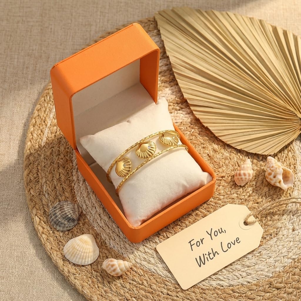 MystiGlimmer Starfish Bracelet with Luxury Gift Box 18K Gold Plated Stainless Steel, Adjustable Open Cuff, Waterproof & Hypoallergenic Jewelry Gift for Women (3Seashell)