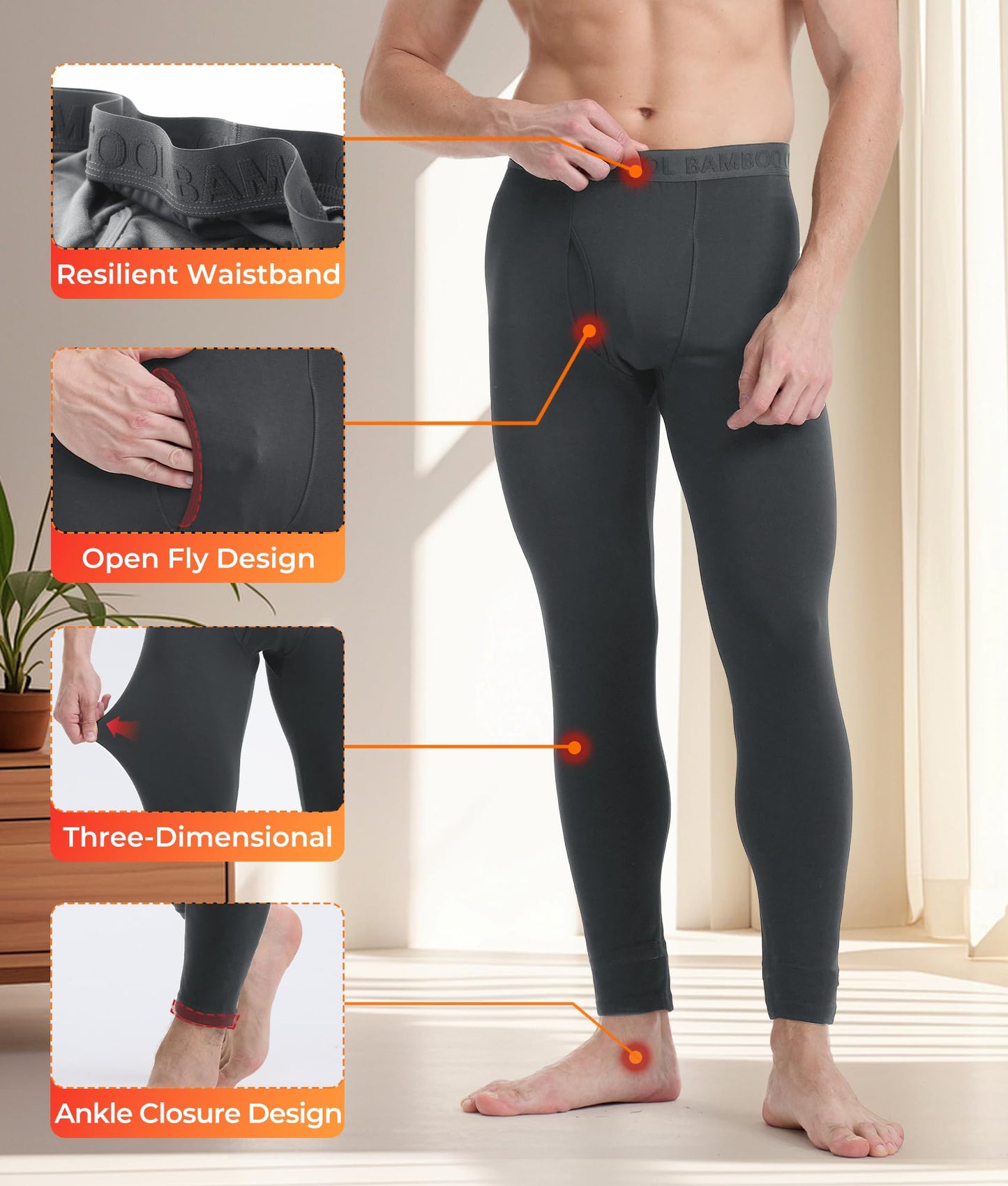BAMBOO COOL Men's Wool Blend Thermal Pants, 2-Pack Heavyweight Long Johns