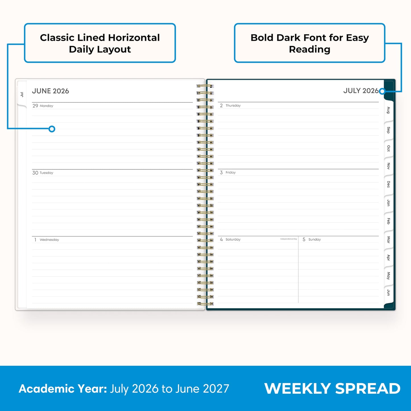 Blue Sky 2026-2027 Weekly and Monthly Academic Year Planner Calendar, July 2026 - June 2027, 8.5" x 11", Flexible Cover, Wirebound, Storage Pocket, Laminated Tabs, Greta