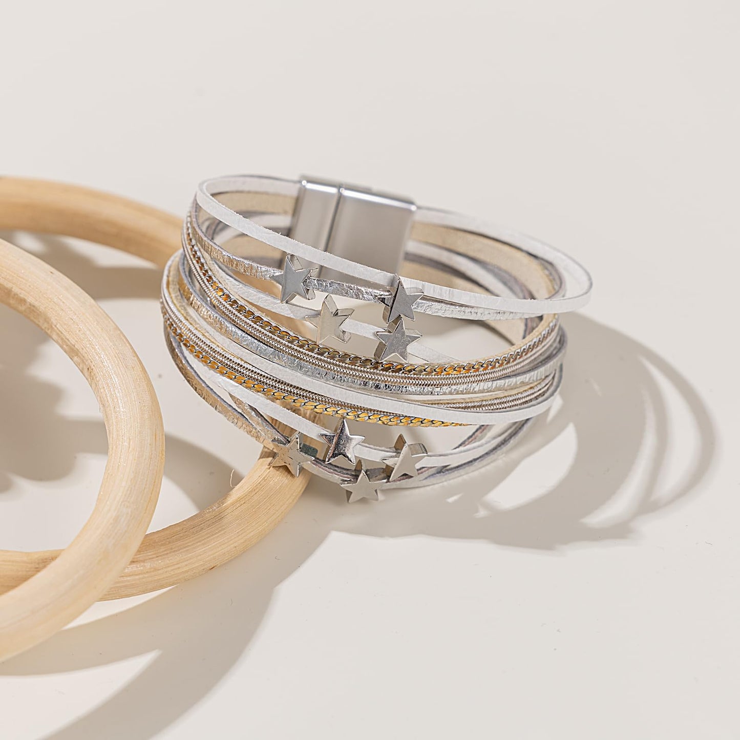 FANCY SHINY Leather Wrap Star Bracelet Boho Bangle Bracelets for Women Trendy Stackable Cute Star Bracelet with Magnetic Clasp(White)