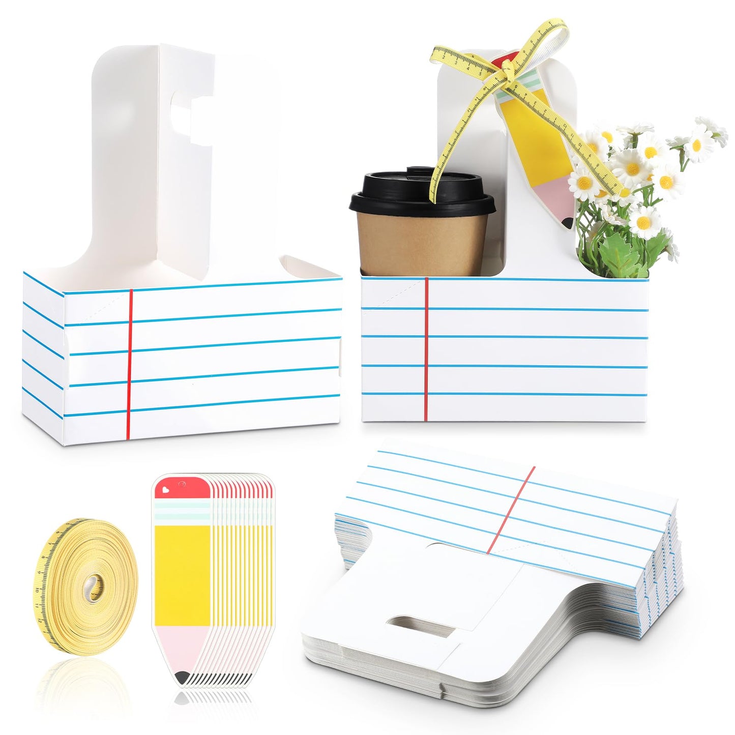 Reallnaive 12 Set Teacher Appreciation Gifts 2 Cup Drink Carrier with Greeting Card Ribbon Disposable Cup Holders with Handle for Back to School End of Year Party Favors (White,Stripe)