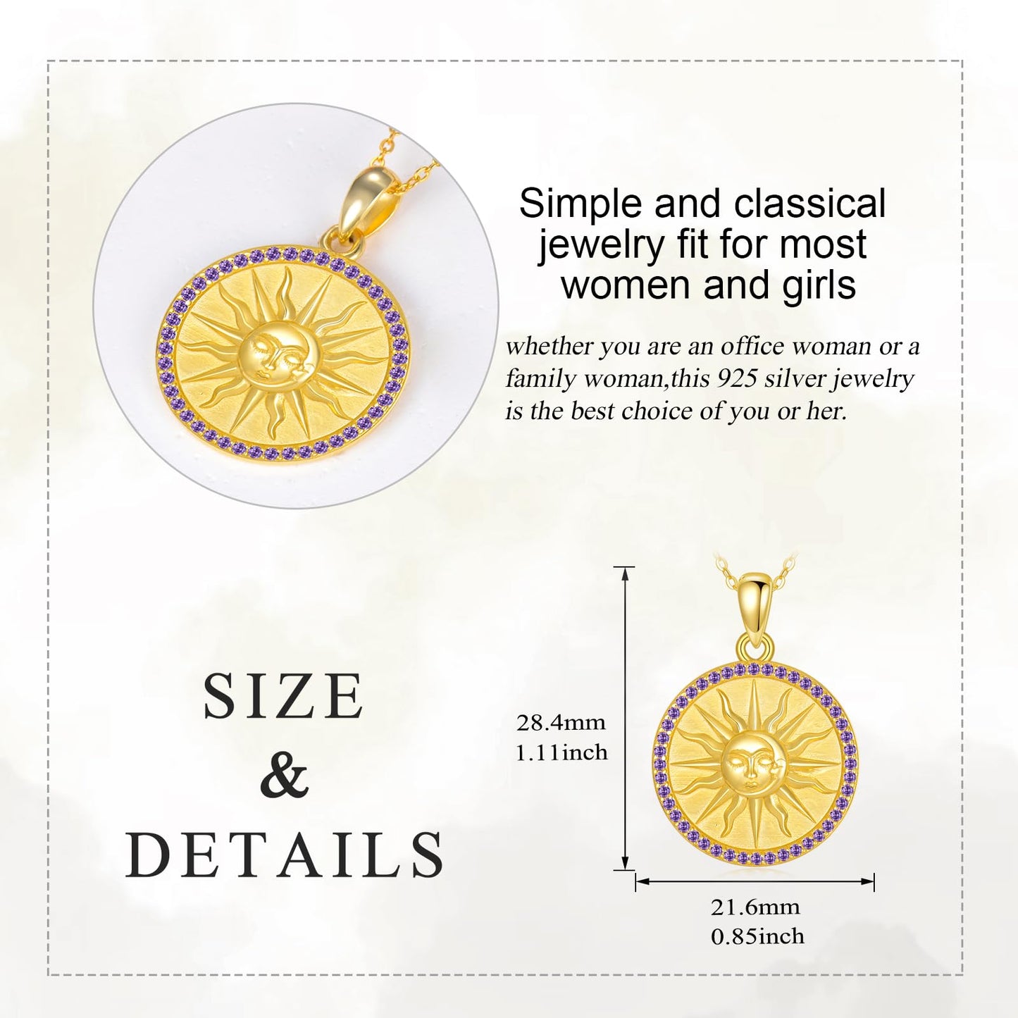 KQF Birthstone Sun Necklace for Women 925 Sterling Silver Sun and Moon Gold Plated Coin Pendant February Jewelry Gift