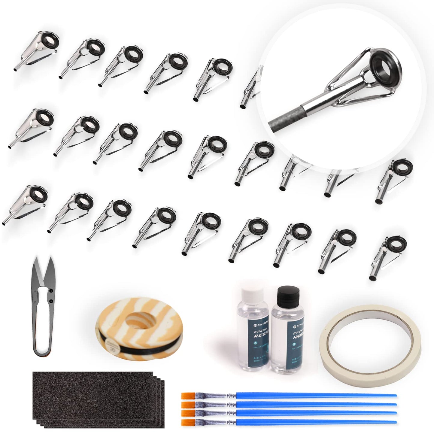 OJYDOIIIY Fishing Rod Tip Repair Kit with Glue,Complete Supplies for Fishing Pole Tip Replacement with Rod Epoxy,Top Eyelets and Wrapping Thread