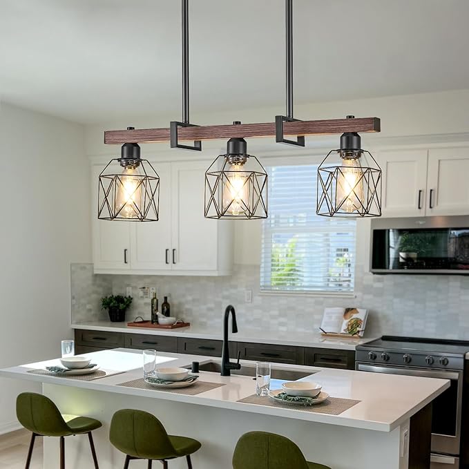 3-Light Vintage Industrial Pendant Light Over Table, Adjustable Hanging Light with Walnut Finish & Matte Black Metal Frame, E26 Base Modern Rustic Chandelier for Kitchen Island