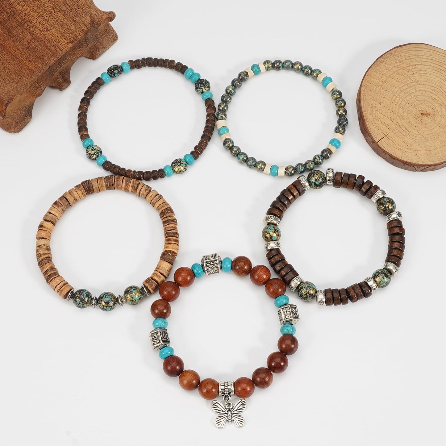 Briutn Boho Wooden Beads Bracelets Punk Gothic Bracelet for Men Women Adjustable Vintage Wood Beaded Bracelet Set