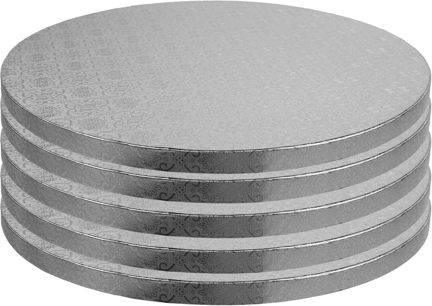 O’Creme Cake Board, Silver Foil Round Cake Circles with Gorgeous Design, Sturdy & Durable 1/2” Thick Cake Drums, Round Cake Boards with 18” Diameter, Pack of 5 Disposable Cake Drums