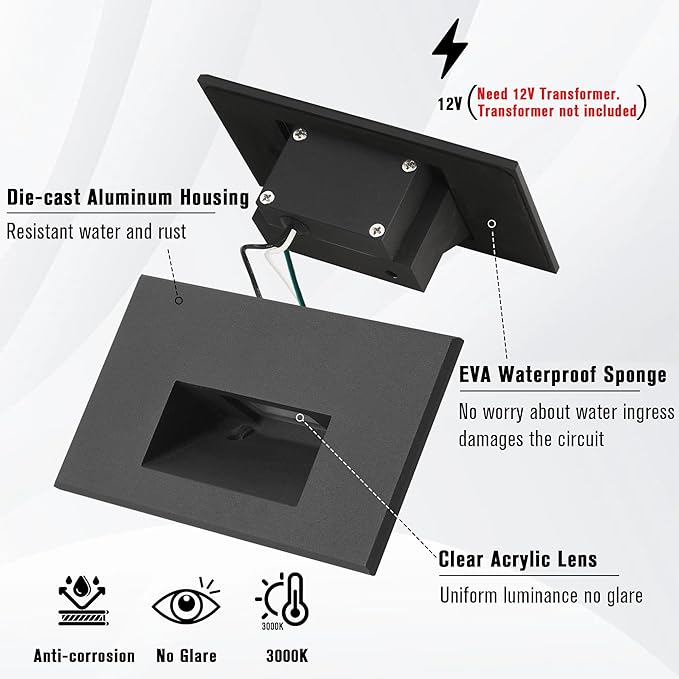 Step Lights Outdoor Indoor LED Stair Lights, 3000K Warm White 12V Low Voltage, 4W 350LM IP66 Waterproof, Horizontal Black for Stairs, 3-Pack