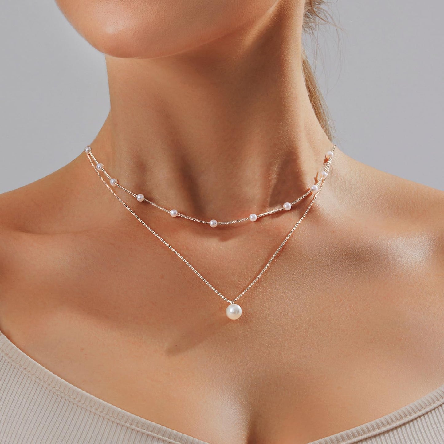 OGD Pearl Necklace for Women Trendy Layered 925 Silver Plated Dainty Pearl Pendant Choker Set Handmade Pearls Silver Necklace Stack Simple Cute Jewelry Gifts for Women