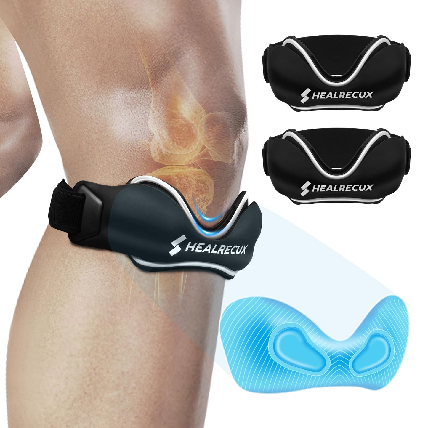 Healrecux Patellar Tendon Support Strap, Silicone Patella Knee Strap, Non-Slip Patella Band Knee Brace for Jumpers Knee, Tendonitis, Basketball, Volleyball - Black 2 Pack
