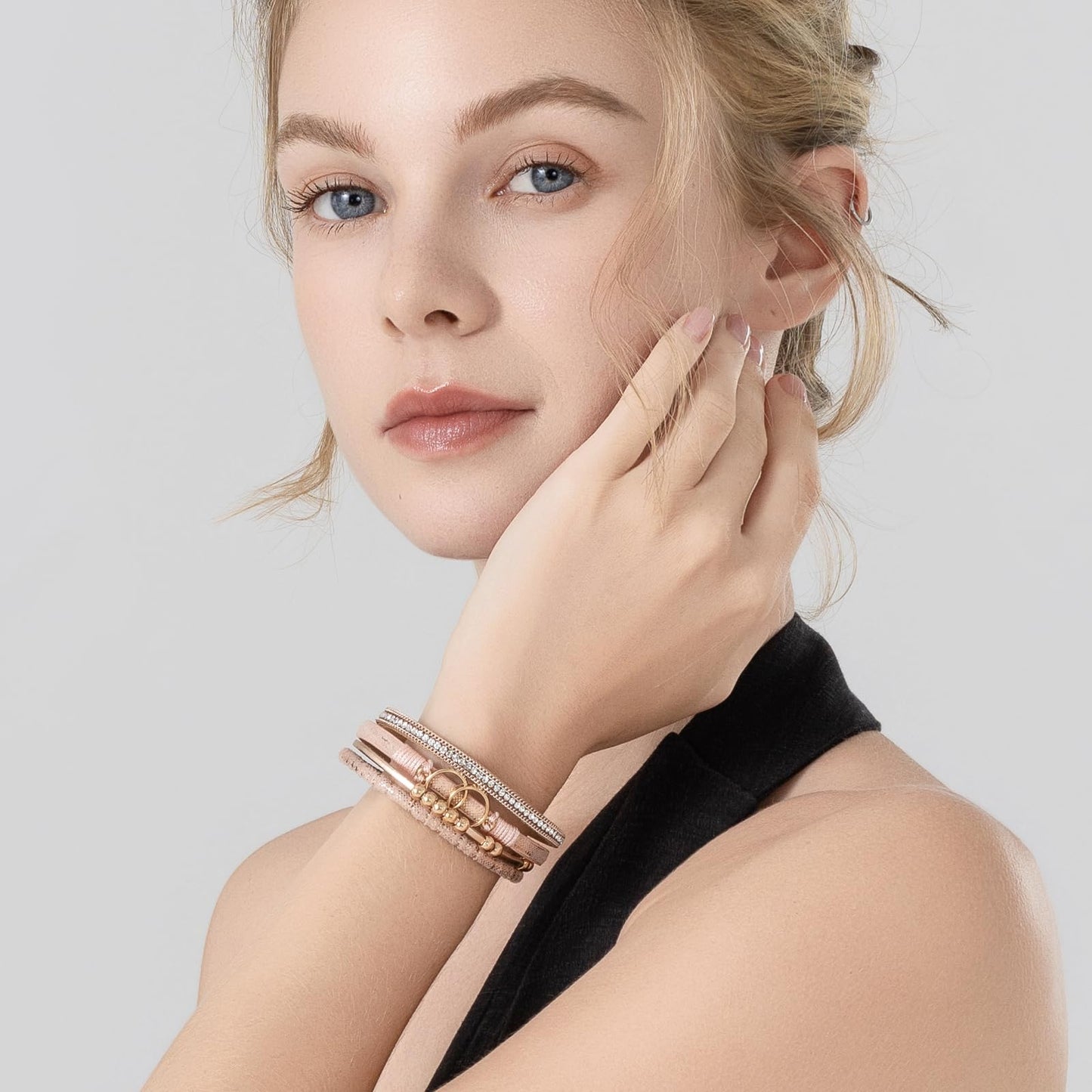FANCY SHINY Boho Leather Wrap Bracelet Stackable Beaded Infinity Chunky Cuff Bracelets with Magnetic Clasp Western Hippie Outfits Jewelry Gifts for Women(Pink)