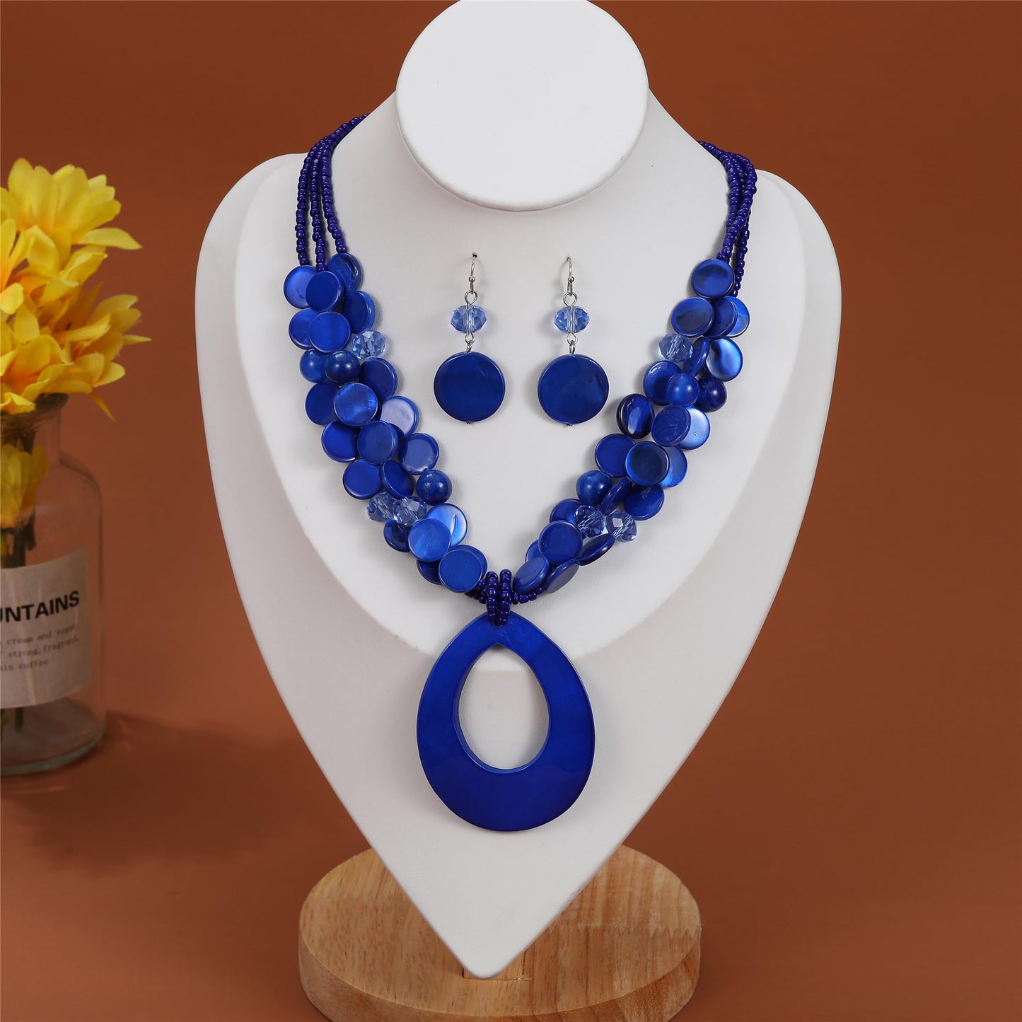 Aenu Multi-Strand Beaded Necklace with Teardrop Pendant Colorful Beads Statement Jewelry Set for Women (Blue)
