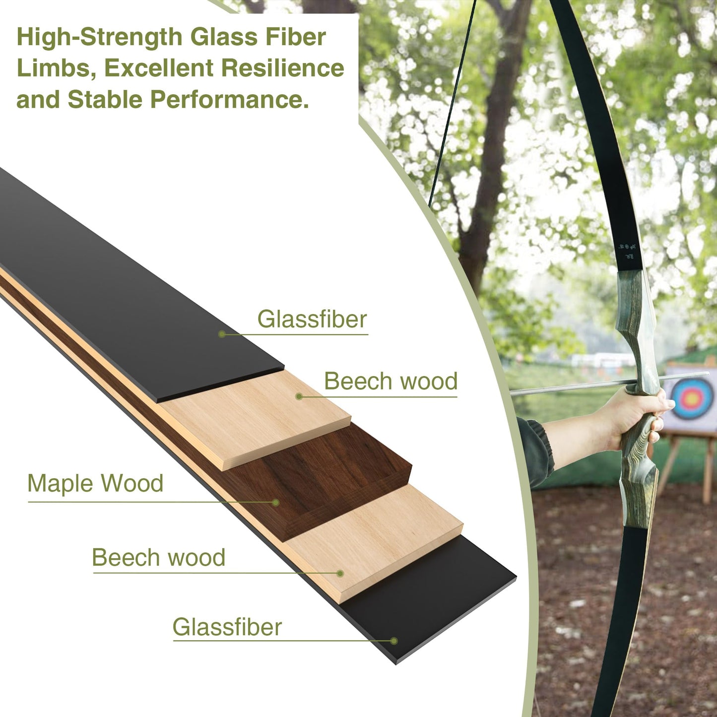 Black Hunter Original Takedown Longbow Limbs Replacement, GLURAK 45lb Fiberglass and Bamboo Sheet Laminated Bow Limbs