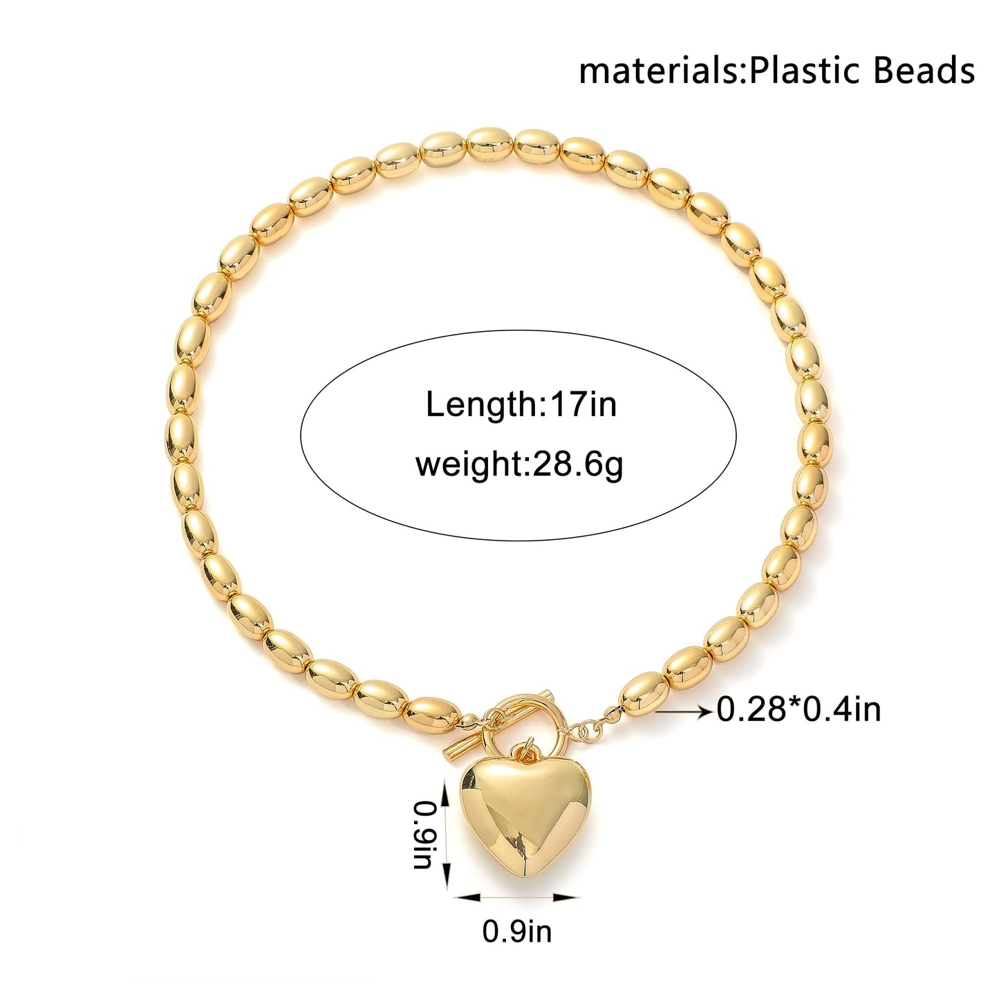 Sajidos Gold Plated Plastic Beaded Necklaces for Women 14K Gold Plated Bead Chunky Heart Charm Pendant Necklace Handmade Trend Fashion Jewelry Gifts