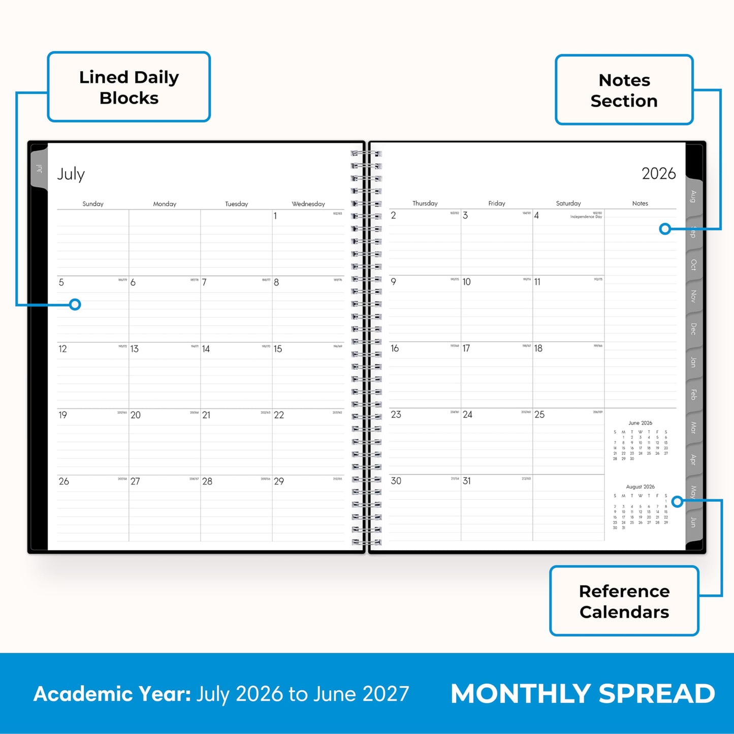 Blue Sky 2026-2027 Weekly and Monthly Academic Year Planner Calendar, July 2026 - June 2027, 7" x 9", Flexible Cover, Wirebound, Laminated Tabs, Enterprise