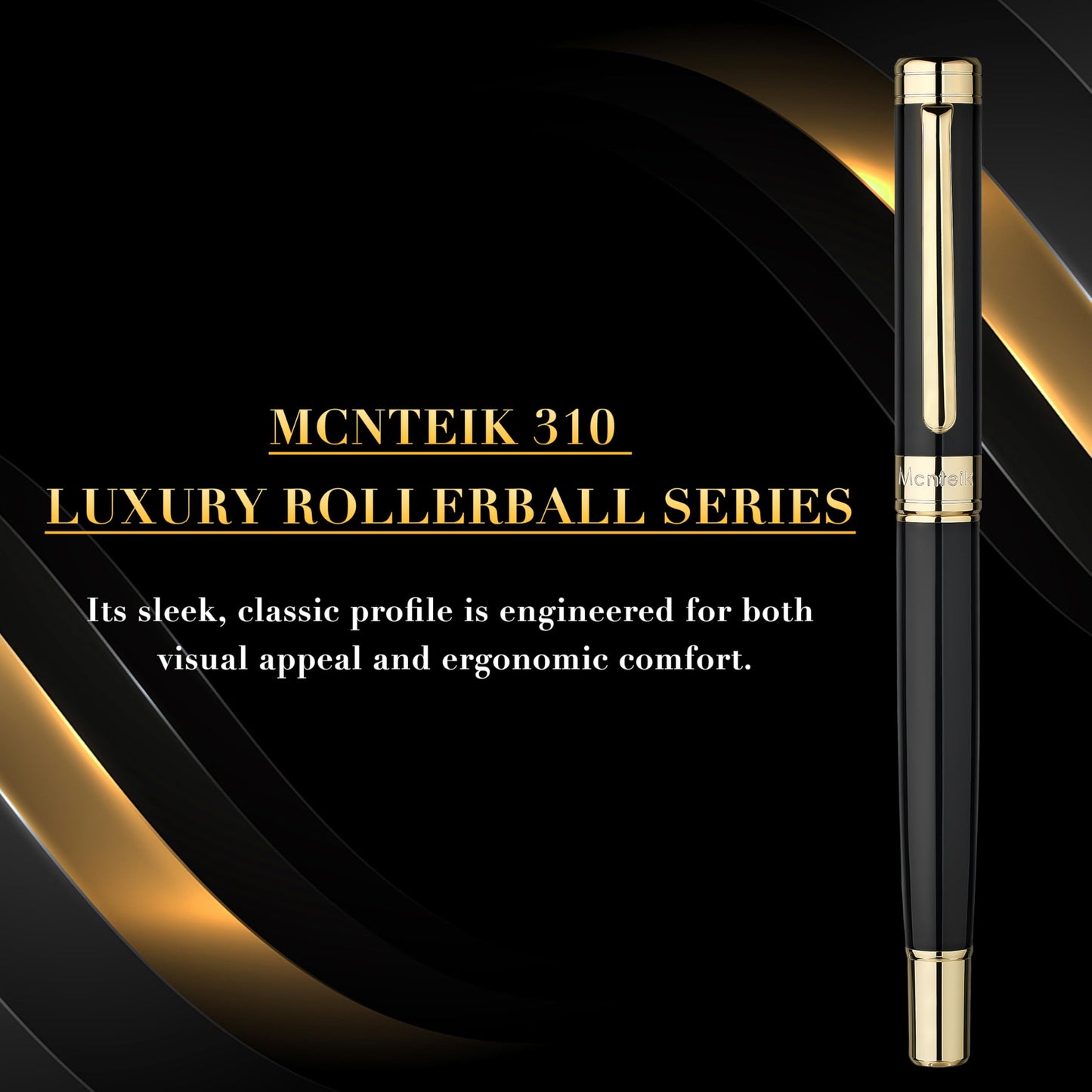 MCNTEIK Black Lacquer Rollerball Pen - Stunning Luxury Pen, 24K Gold Plating, Schmidt Refill, Precision Flow Ink, Best Roller Ball Gift Set for Men & Women, Professional, Executive Fancy, Nice Pens
