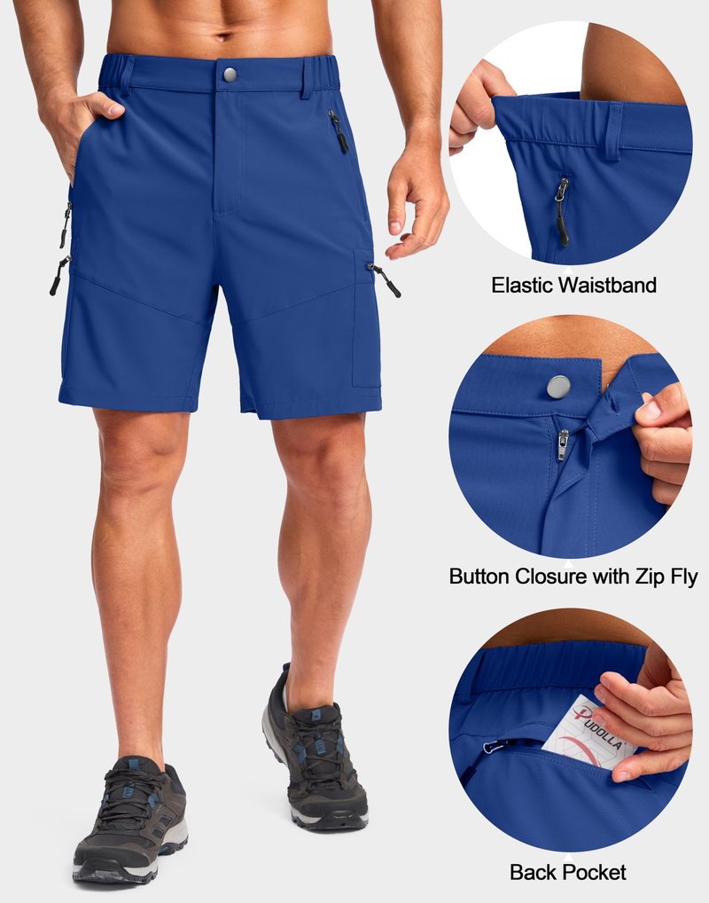 Pudolla Men's Hiking Cargo Shorts Lightweight 7" Travel Casual Shorts for Men Golf Work Outdoor with 5 Zipper Pockets(Royal Blue Large)