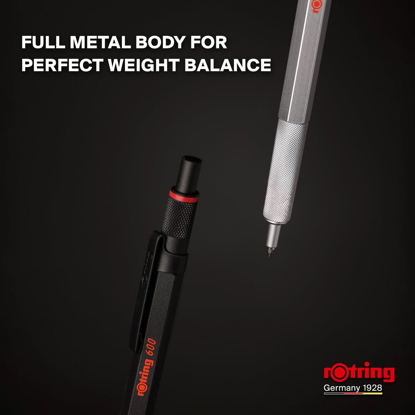 rOtring 600 Gel Pen, Black Metal Body Pen, Black Ink, 0.55mm, Non-Slip Knurled Grip & Hexagonal Barrel, Refillable, 1 Count - Smooth Writing, Stationary, Desk Essentials