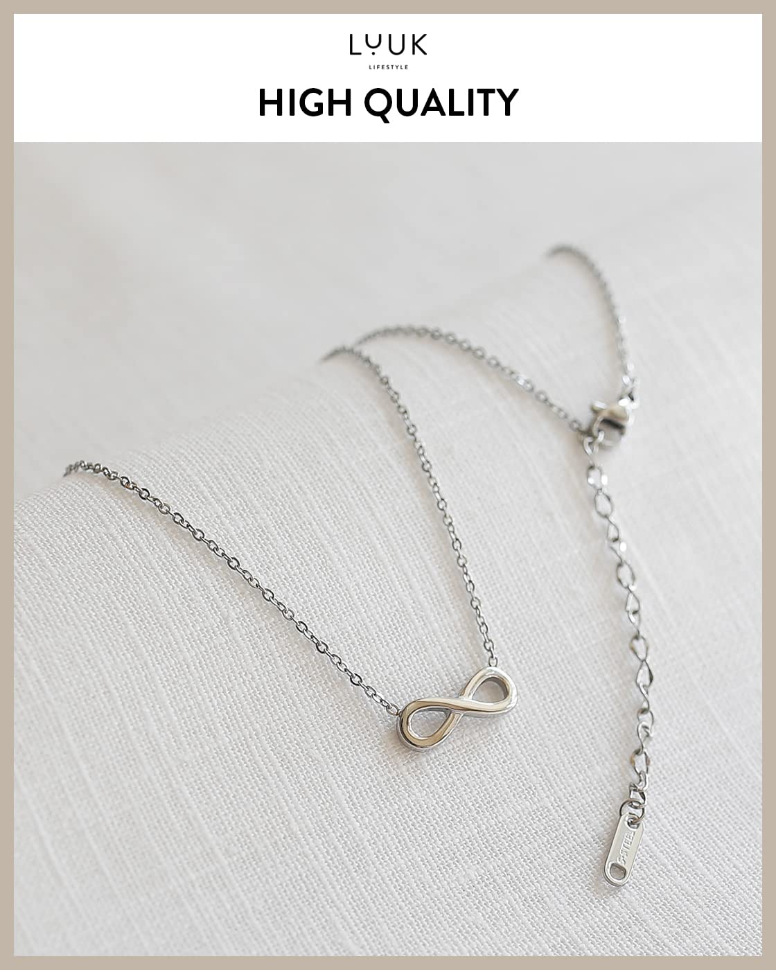 LUUK LIFESTYLE Stainless steel necklace with Infinity motif pendant and HAPPINESS gift card, gift idea for Valentine's Day, birthday, symbol of love, women fashion accessory, 19” chain length, silver
