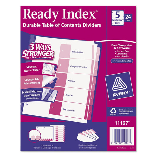 Avery Dividers for 3 Ring Binders, 5 Tabs per Set, Customizable Table of Contents, Multicolor Tabs, Great for Organizing High-Volume Reports, Projects, and More (24 Sets of 11167)