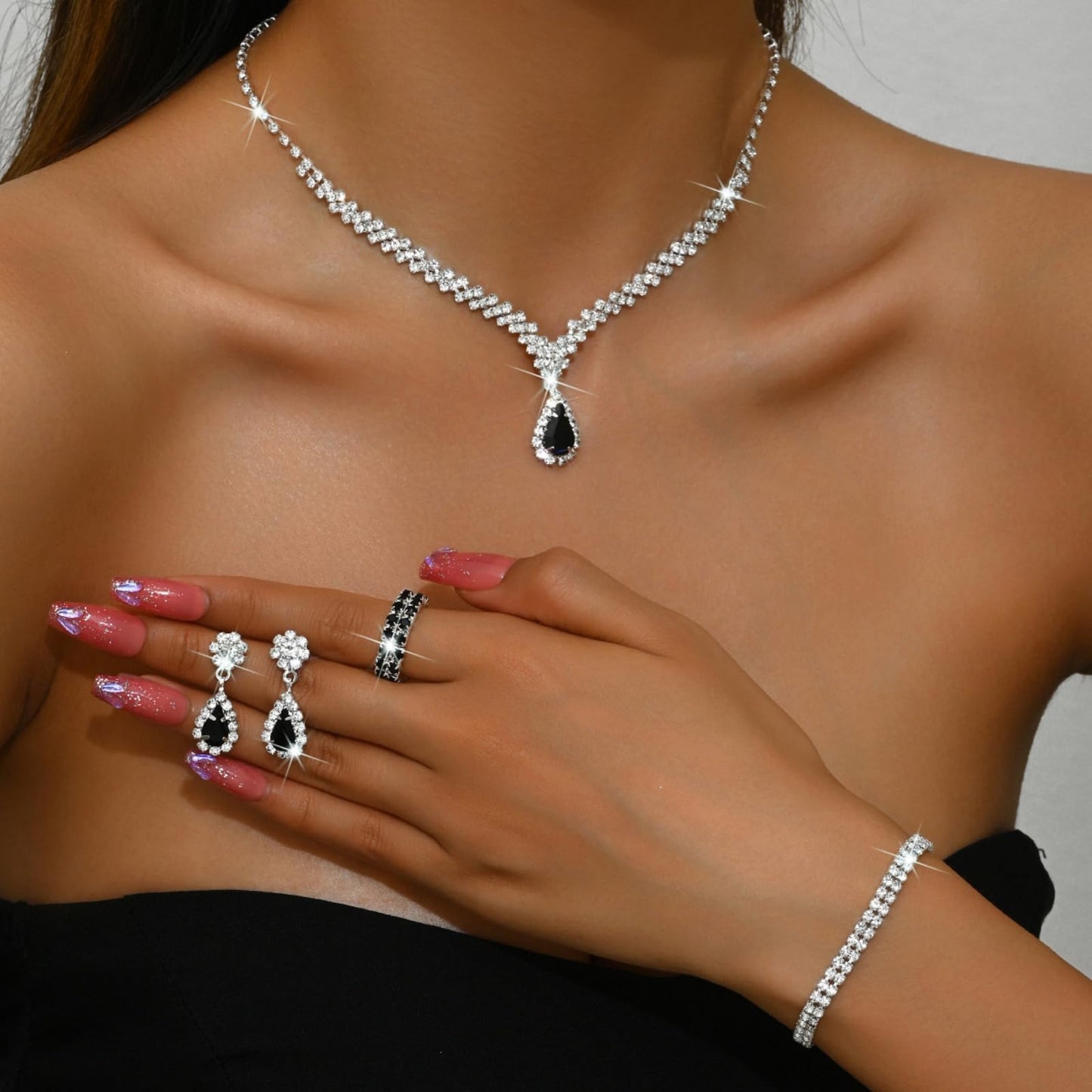 IS4U Rhinestone Water Drop Set for Women Bridal Wedding Vintage Colourful Crystal Zircon Statement Necklace Ring Earrings Bracelet Set Party Dress Ball Fashion Jewellery (Black)