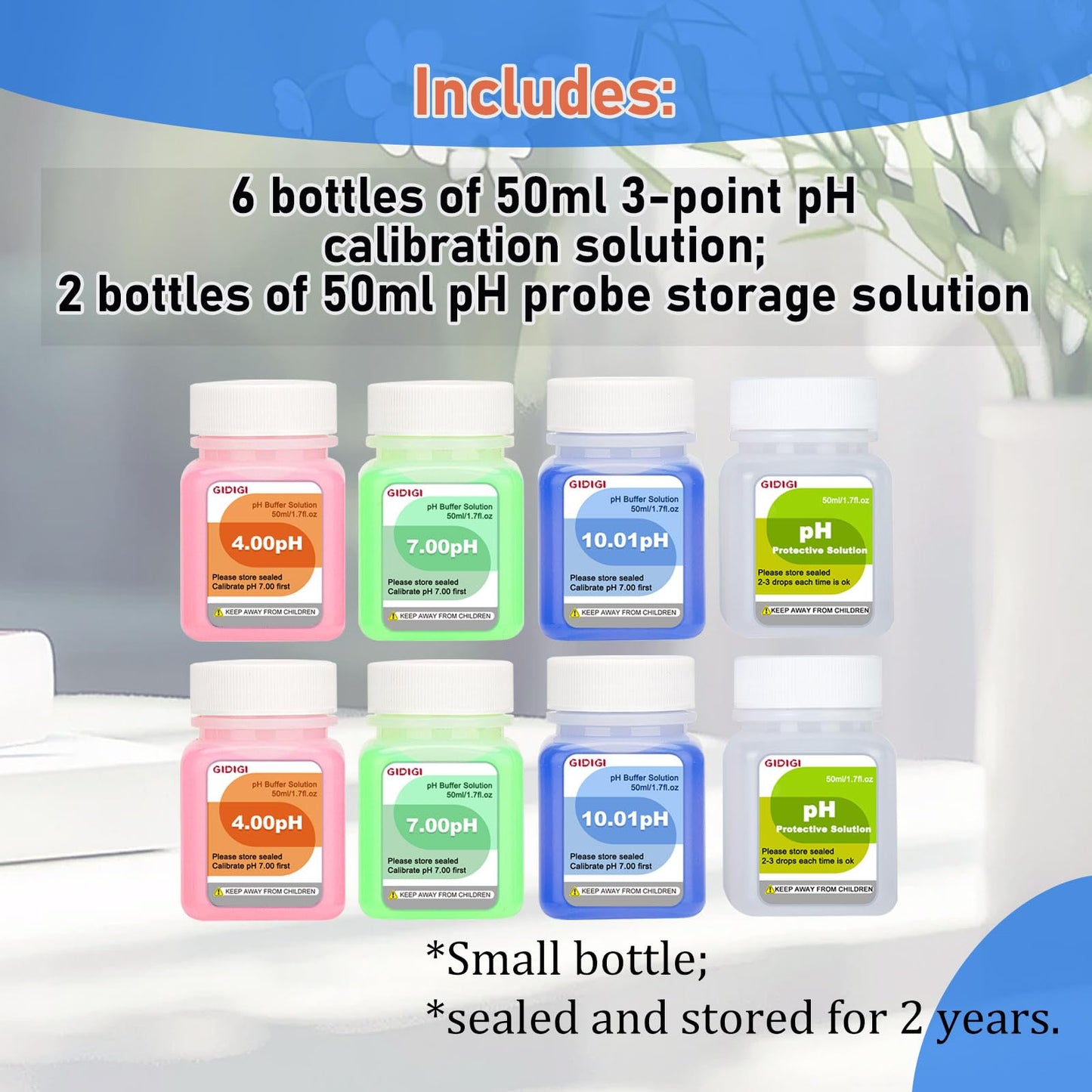 GIDIGI pH Meter Calibration Solution Kit, pH Buffer Solution 4,7,10 50ml*6 and KCL pH Probe Storage Solution 50ml*2, pH Pen Storage Solution for Accurate Calibration of All pH Testers