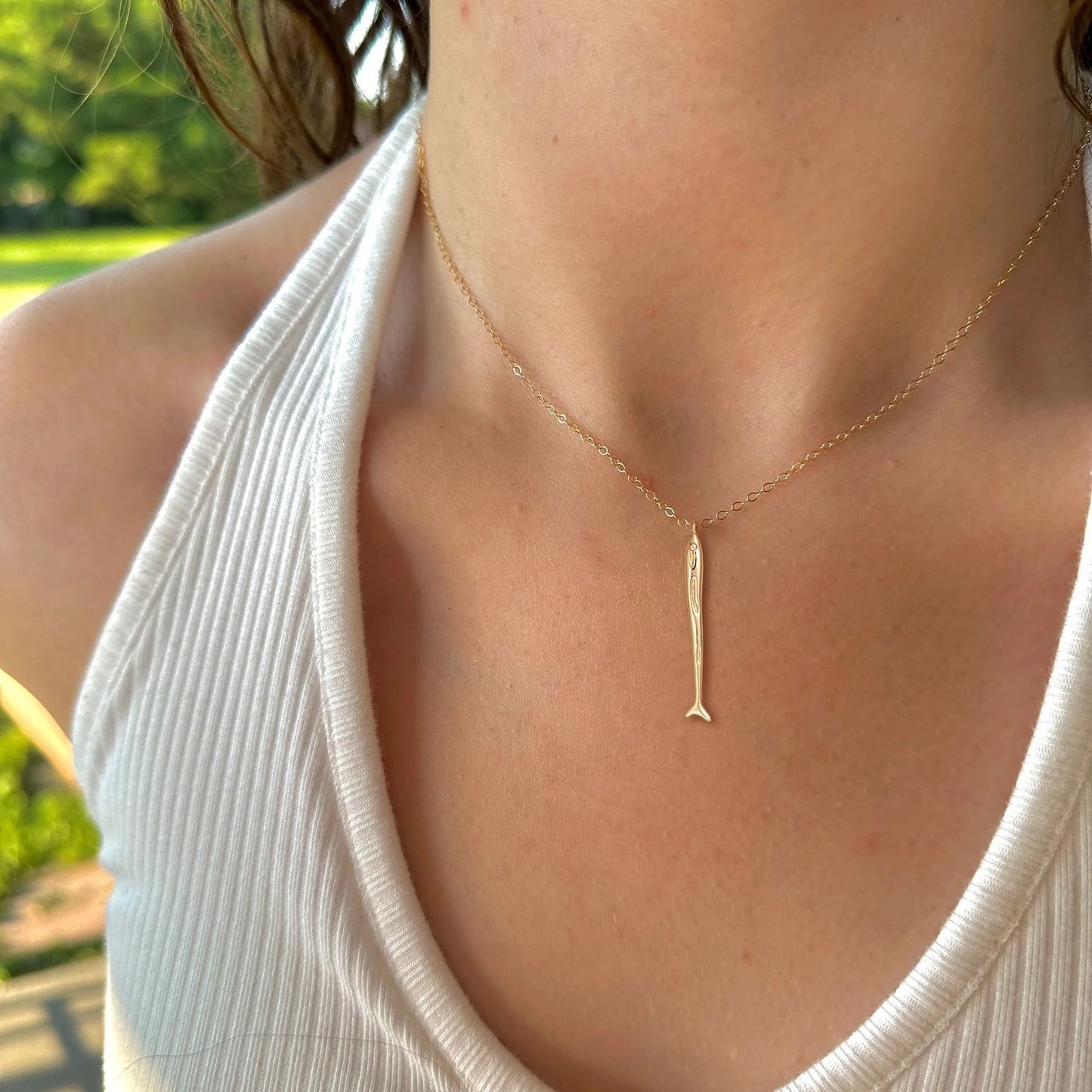 BSGRL Dainty Gold Necklace - 14K Gold-plated Long Thin Sardine Fish Beach Ocean Necklace for Women Brush Finished 16.5"+2"