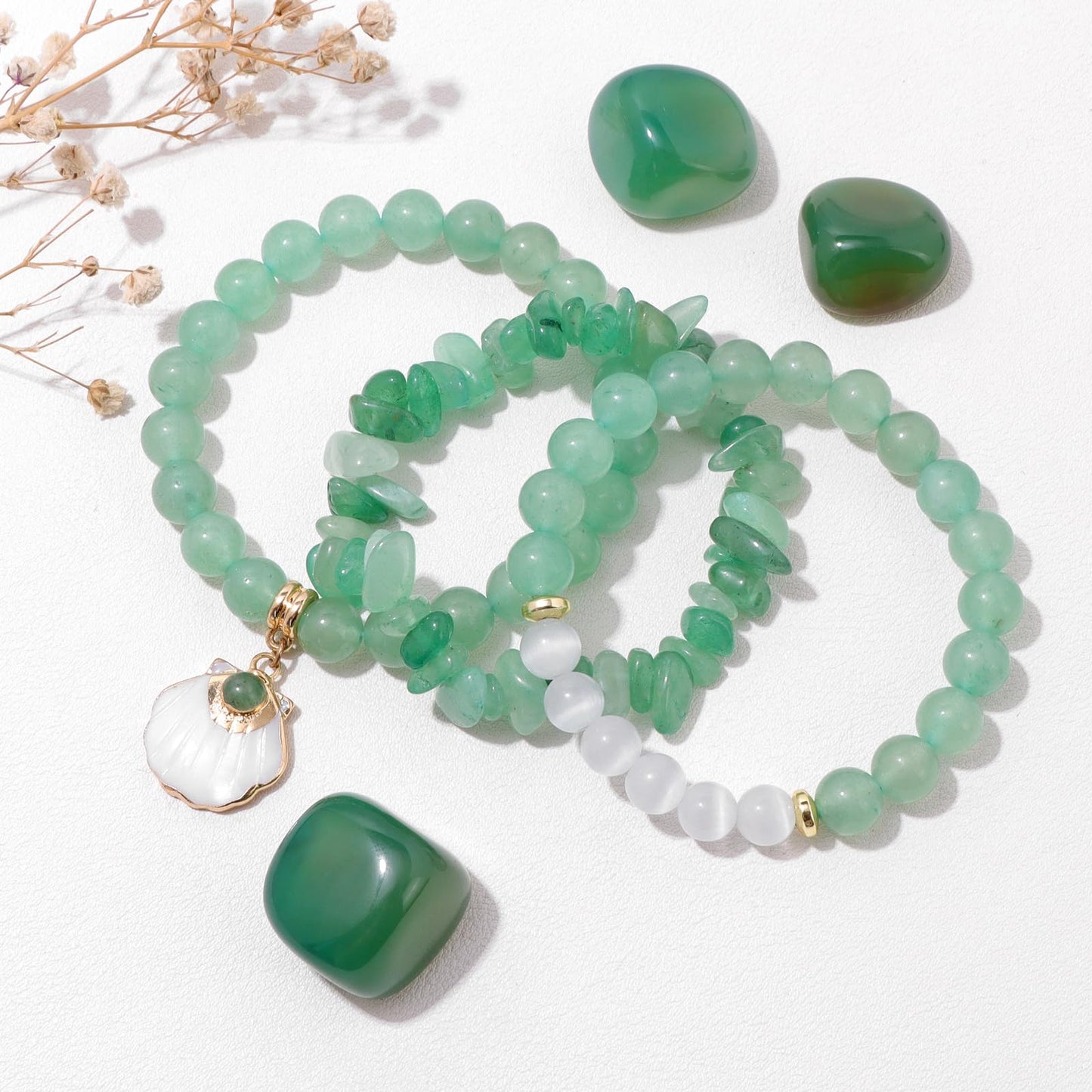 Vinswet Healing Crystal Beaded Bracelets for Women,Natural Amethyst Gemstones Bracelet,Anxiety Stress Relief Heart Charm Bracelet Handmade purple Jewelry Gifts for Women (Green aventurine&Moonstone)