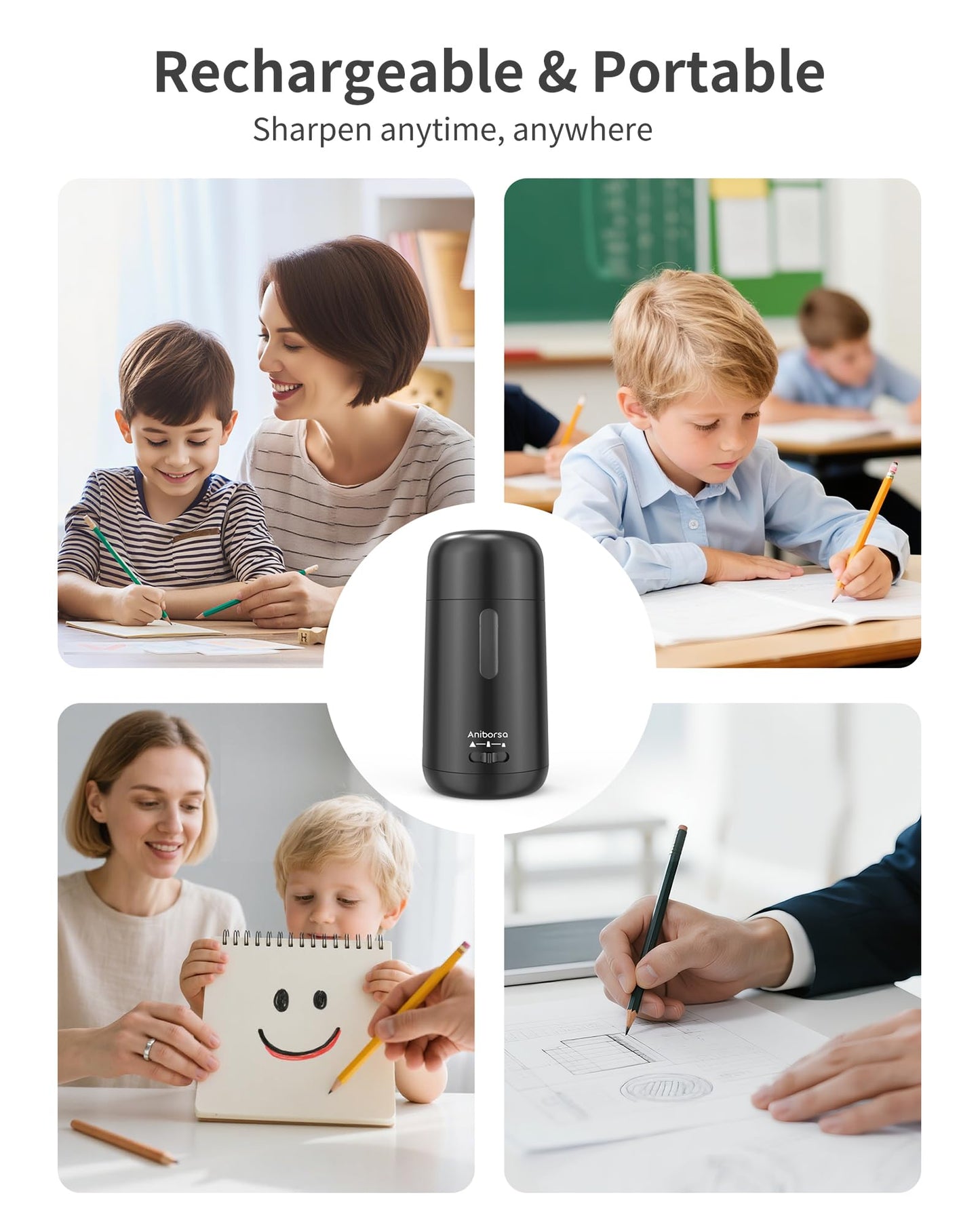 Aniborsa Automatic Electric Pencil Sharpener - Auto Feed, Auto Stop & Auto Eject, Rechargeable for Classroom, Home, School, Office, Black