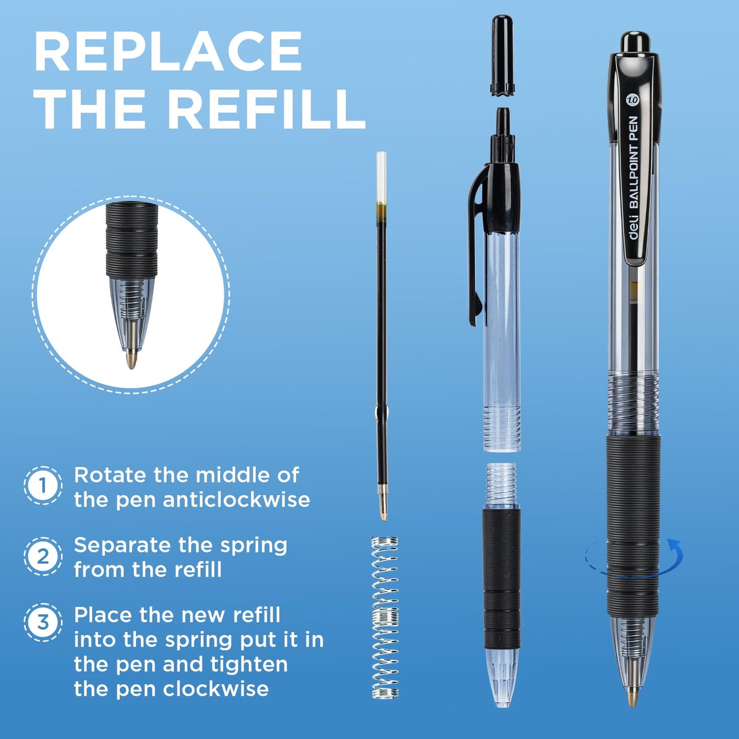 deli Pens Bulk,50 Pack Ballpoint Pens Black Ink 1.0MM Medium Point, Smooth Writing Retractable Pen with Soft Grip, No Bleed,Fast Dry,for Office School Home Use