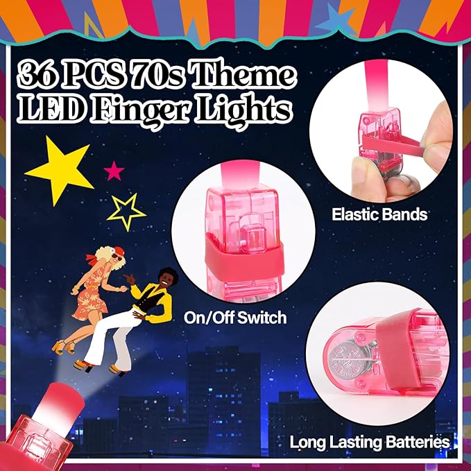 36Pcs 1970s Disco Retro LED Finger Lights 70s Party Favors Glow in the Dark Light Up Finger Lights Y2k Themed Toys Bulk for Kids Birthday Party Goodie Bag Stuffer Birthday Gifts Classroom Prize