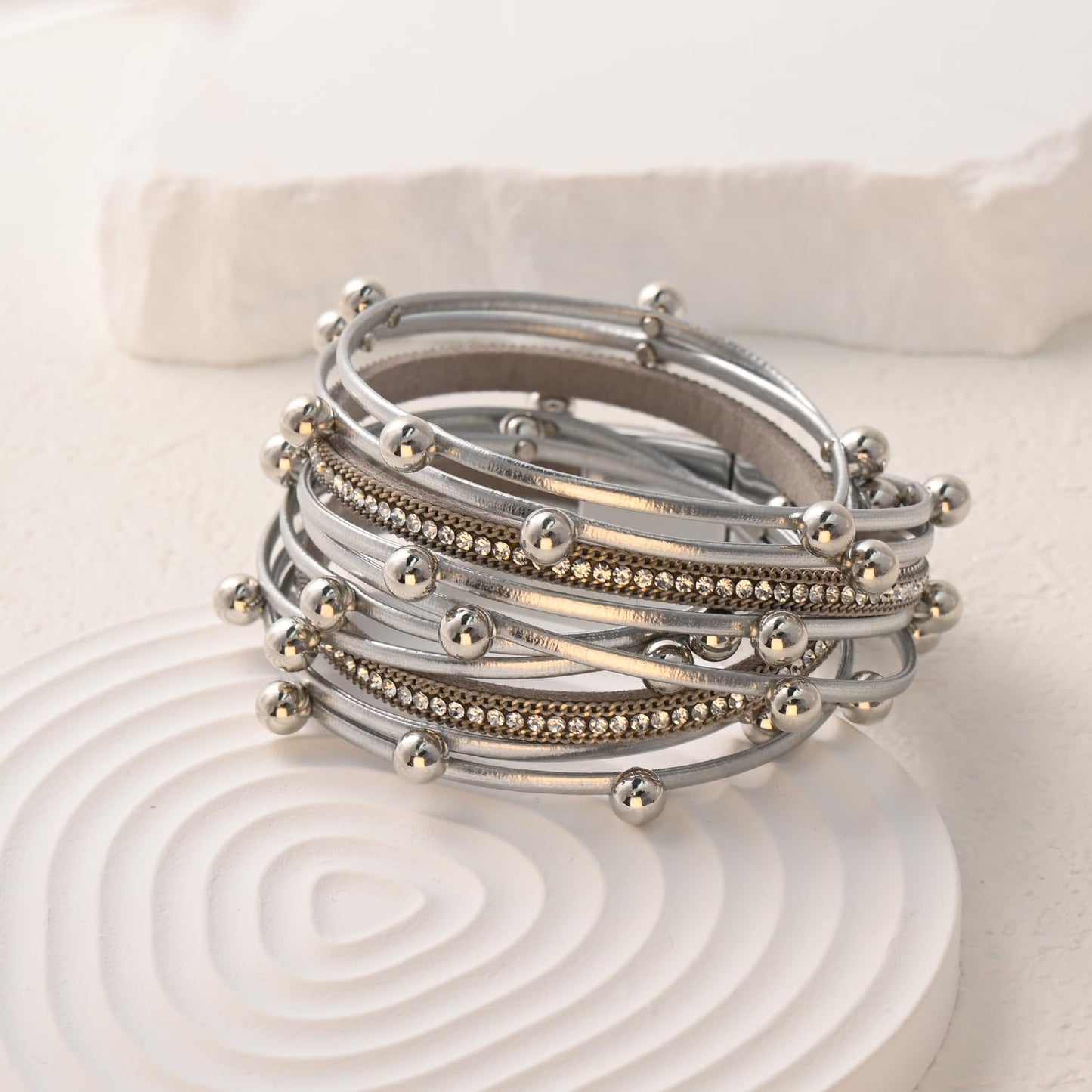 VIBILIA Boho Leather Wrap Bracelets for Women Trendy Multi-Layer Crystal Beads Cuff Bracelets with Strong Clasp Jewelry for Women-Silver