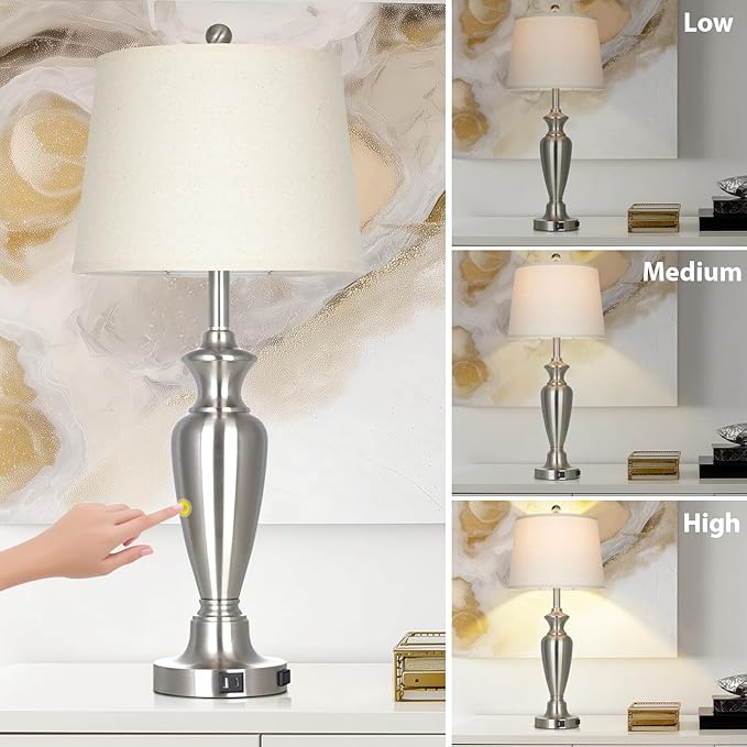 30" Tall Silver Table Lamp for Living Room, 3-Way Dimmable Touch Control Bedside Lamp for Bedroom Nightstand with USB A+C Ports & AC Outlet (1 Pack)