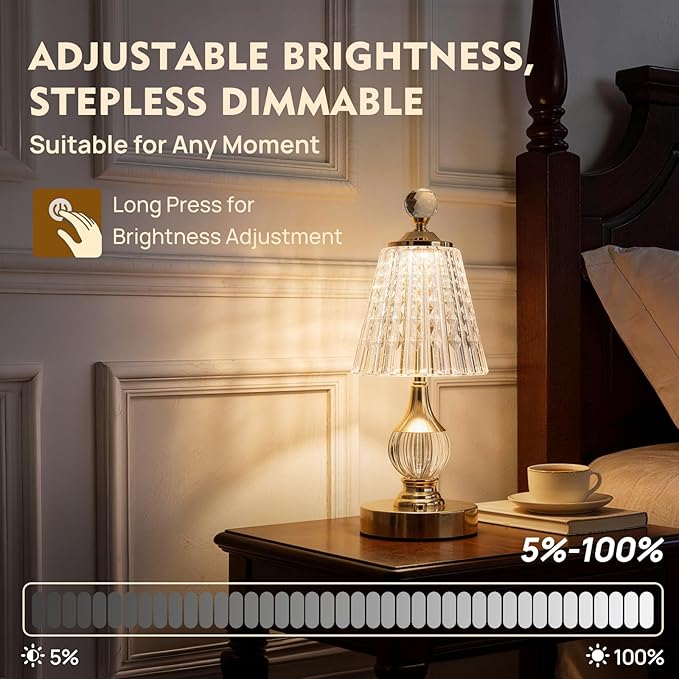 Vintage Gold Crystal Rechargeable Lamp Cordless, LED Touch Battery Operated Table Lamp, 3 Colors Dimmable Portable, Modern Home Decor, Bedroom, Bedside, Living Room, Kitchen, Diamond